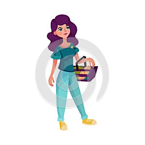 Young Woman Holding Basket with Foodstuff Vector Illustration