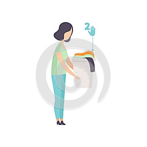 Young woman holding basket with old clothes, people gathering, sorting waste for recycling vector Illustration on a