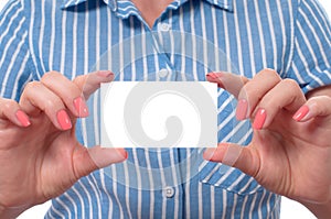 Young woman holding blank business card