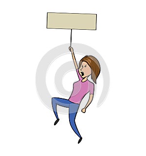 Young woman holding blank protest sign. Vector illustration isolated on white background.