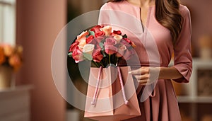 Young woman holding a bouquet of fresh tulips in a store generated by AI