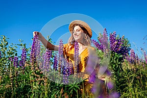 Young woman holding bouquet of lupin flowers walking in summer meadow. Stylish girl picking purple blooms