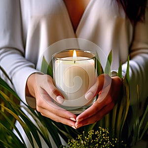 Young woman holding burning candle jar in her hands, container candle mockup closeup shot, mindfulness home interior