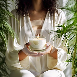 Young woman holding burning candle jar in her hands, container candle mockup closeup shot, mindfulness home interior