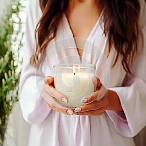 Young woman holding burning candle jar in her hands, container candle mockup closeup shot, mindfulness home interior