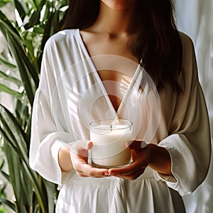 Young woman holding burning candle jar in her hands, container candle mockup closeup shot, mindfulness home interior