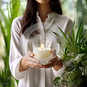 Young woman holding burning candle jar in her hands, container candle mockup closeup shot, mindfulness home interior