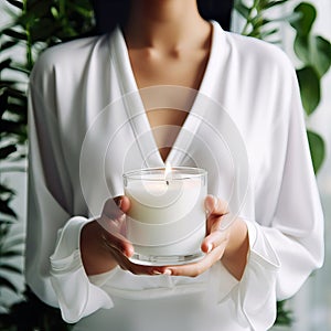 Young woman holding burning candle jar in her hands, container candle mockup closeup shot, mindfulness home interior