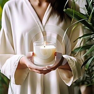 Young woman holding burning candle jar in her hands, container candle mockup closeup shot, mindfulness home interior