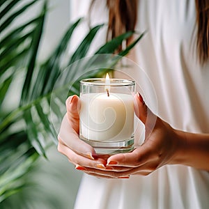 Young woman holding burning candle jar in her hands, container candle mockup closeup shot, mindfulness home interior