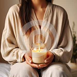 Young woman holding burning candle jar in her hands, container candle mockup closeup shot, mindfulness home interior in