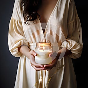 Young woman holding burning candle jar in her hands, container candle mockup closeup shot, mindfulness home interior in
