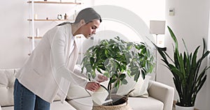 Young woman holding can watering house plant at home