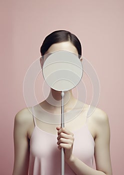 Young woman holding a circular mirror in front of her face.