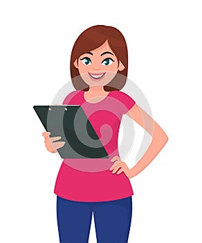 Young woman holding clipboard. Girl holding report in hand. Human emotion and body language concept illustration in vector cartoon