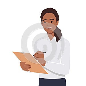 Young woman holding clipboard and writing. Vector illustration in cartoon style
