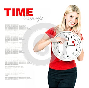 Young woman holding a clock. Time management concept