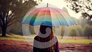 Young woman holding a colorful rainbow umbrella standing in the rain with ample copy space