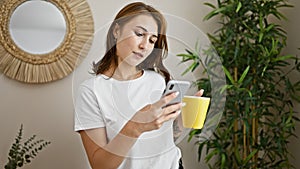 Young woman holding cup of coffee using smartphone at home