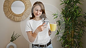 Young woman holding cup of coffee using smartphone at home