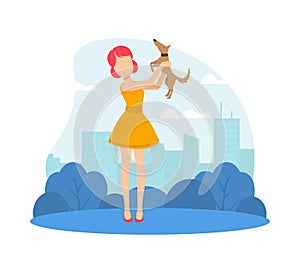 Young Woman Holding Cute Puppy, Girl Walking with Dog in Park Vector Illustration