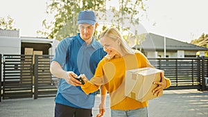 Young Woman Holding Delivered Cardboard Box Package, She Signs Electronic Signature on Delivery Ma