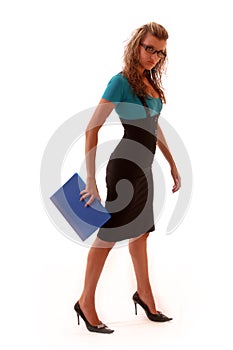 Young woman holding folder isolated