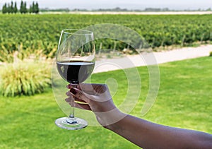 A young woman holding a glass of red wine against the background of vineyard.