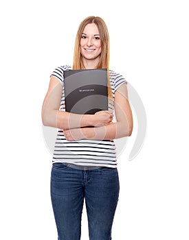 Young woman holding her application file