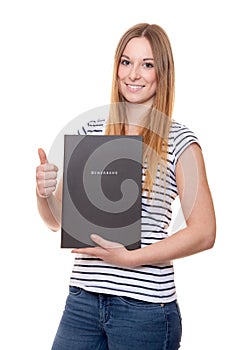 Young woman holding her application file