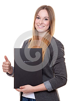 Young woman holding her application file