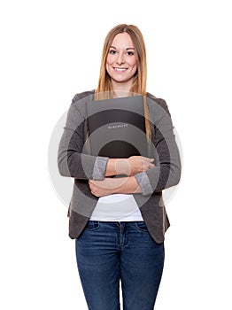 Young woman holding her application file