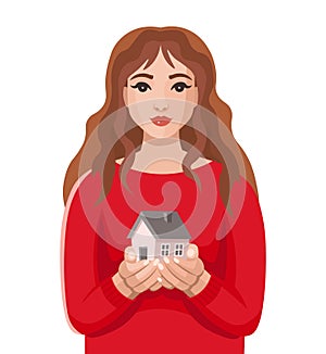 Young woman holding house in hand.Concept of rent home purchase, mortgage, real estate insurance and banking.Cartoon style