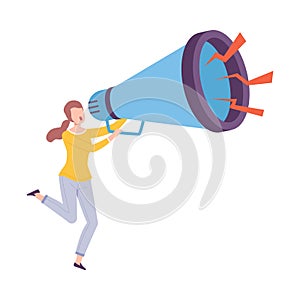 Young Woman Holding Huge Megaphone Making Announcement and Screaming Information Vector Illustration