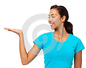 Young Woman Holding Invisible Product