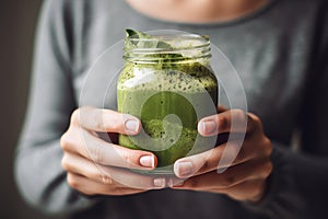 Young woman holding a jar of green smoothie. Generate Ai photo