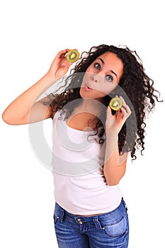 young woman holding kiwi. Isolated over white. Isolated over white