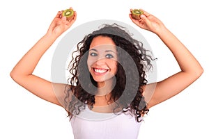 young woman holding kiwi. Isolated over white. Isolated over white