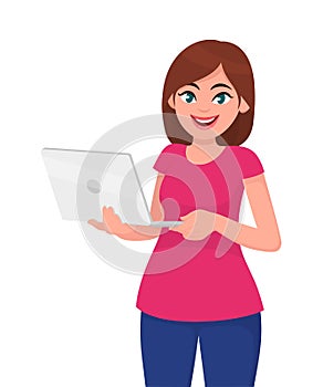 Young woman holding laptop computer against white background. Gadget and computer concept illustration in vector cartoon.