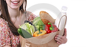 Young Woman Holding Large Bag of Healthly Groceries