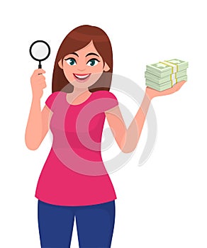 Young woman holding magnifying glass. Girl showing cash, money, currency notes in hand. Female character design illustration.