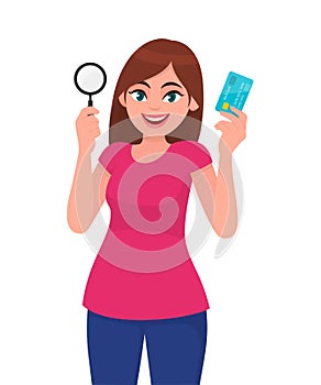 Young woman holding magnifying glass. Girl showing credit, debit, ATM card in hand. Female character design illustration.