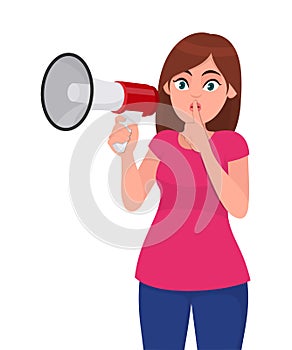 Young woman holding a megaphone/loud speaker, asking for silence, closed her mouth with index finger. Shh! Silence please! Quiet.