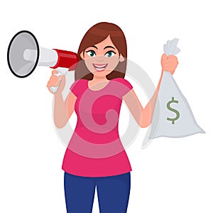 Young woman holding a megaphone or loudspeaker in hand. Girl showing cash, money, currency notes bag with dollar sign.
