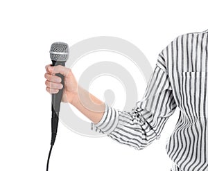 Young woman holding microphone on white background