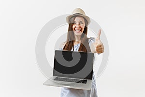 Young woman holding modern laptop pc computer with blank black empty screen to copy space isolated on white background