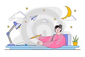 Young woman holding pencil writing diary, journal on her desks in the night. Concept of studying and education. Flat cartoon