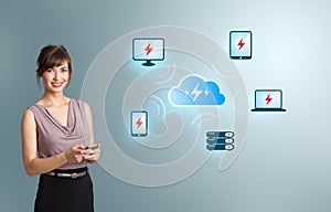 Young woman holding a phone with cloud computing network