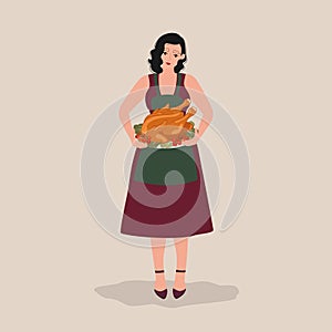 Young woman holding plate with roasted turkey