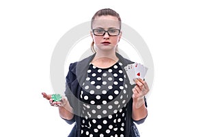 Young woman holding playing cards and poker chips isolated on white. Gambling concept. Four aces combination